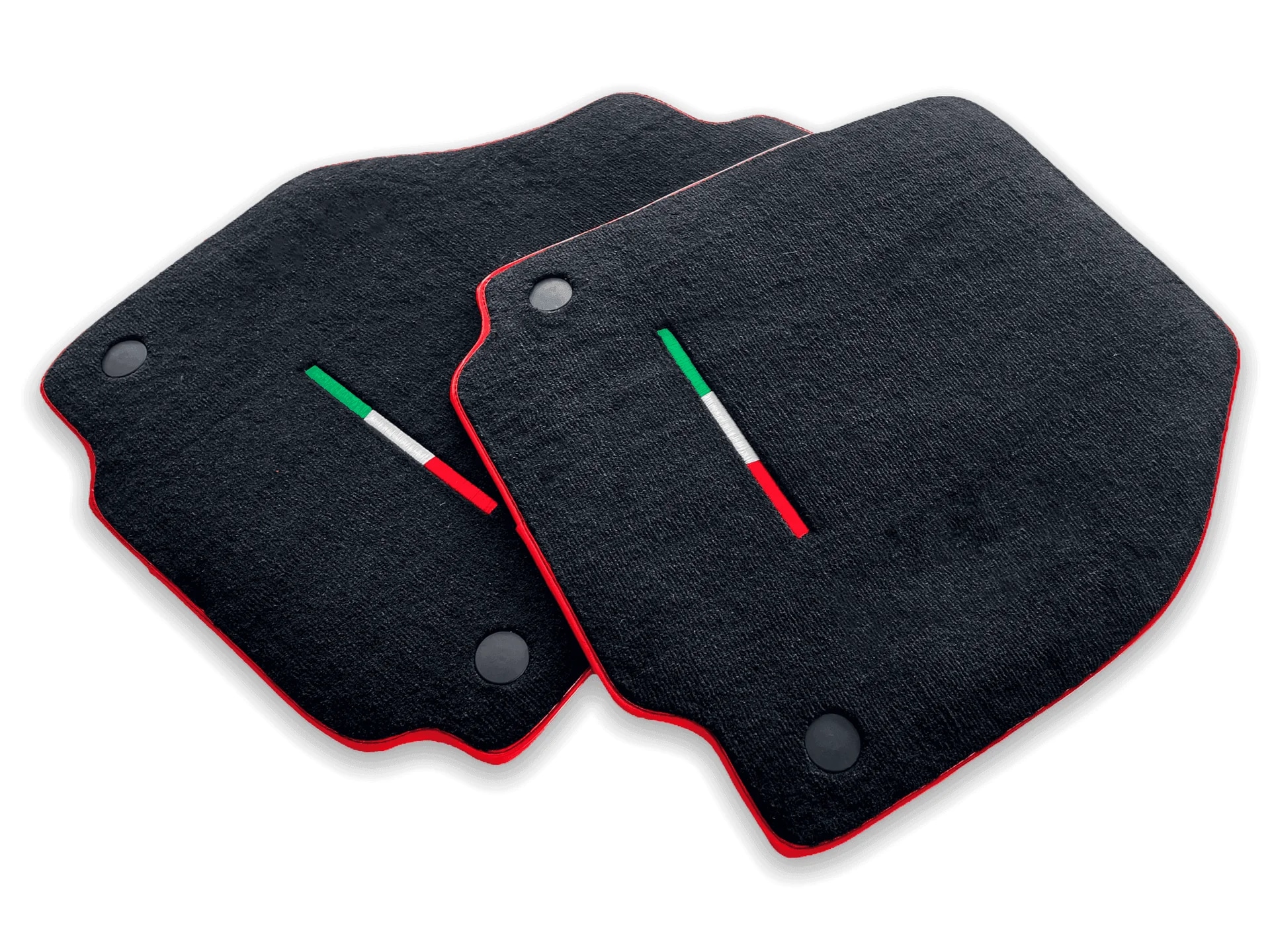 Ferrari 458 custom fit premium quality floor mats, featuring precise fitment and stylish red trim with Italian flag detail.
