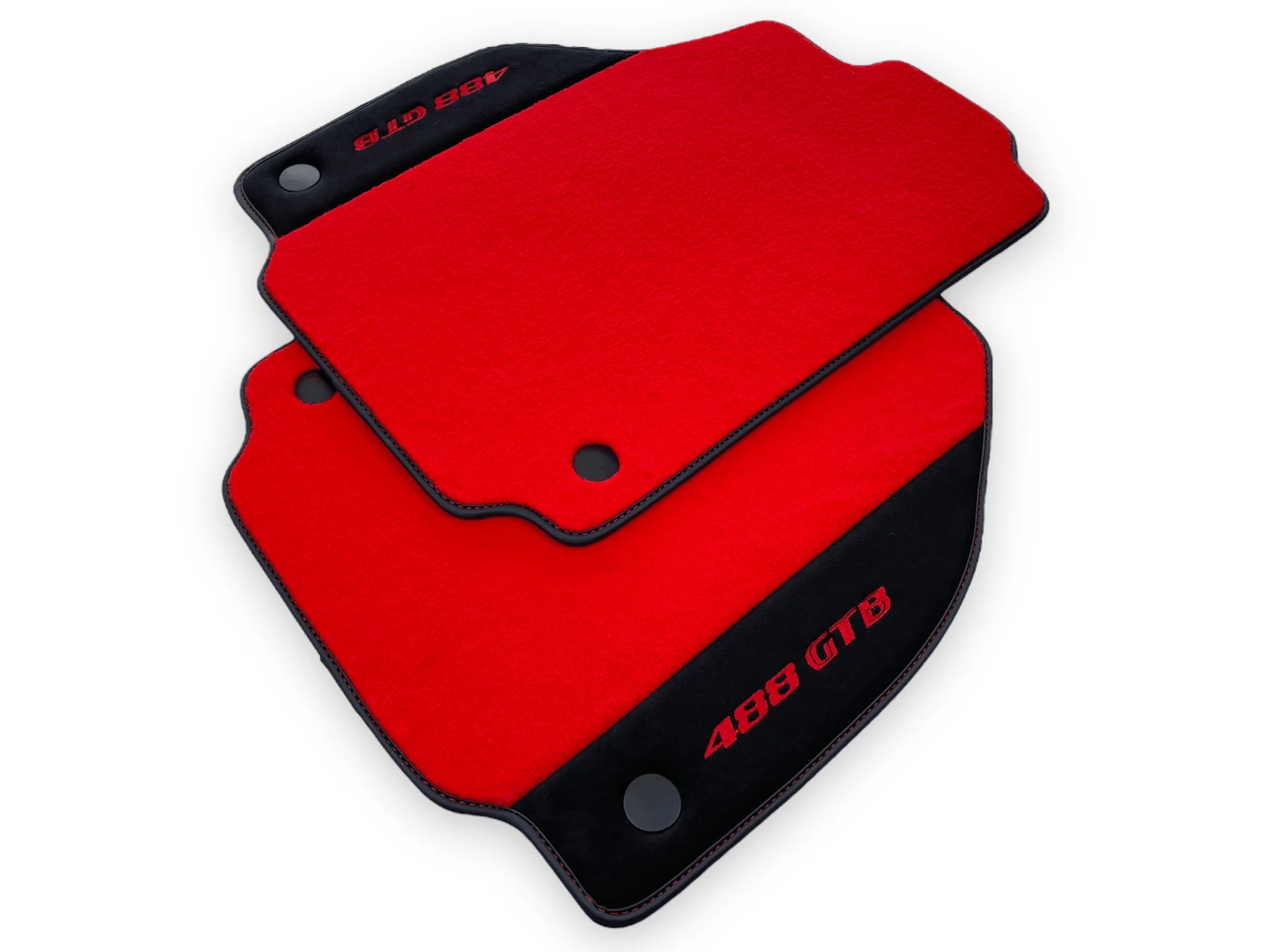 Red floor mats for Ferrari 488 GTB on display