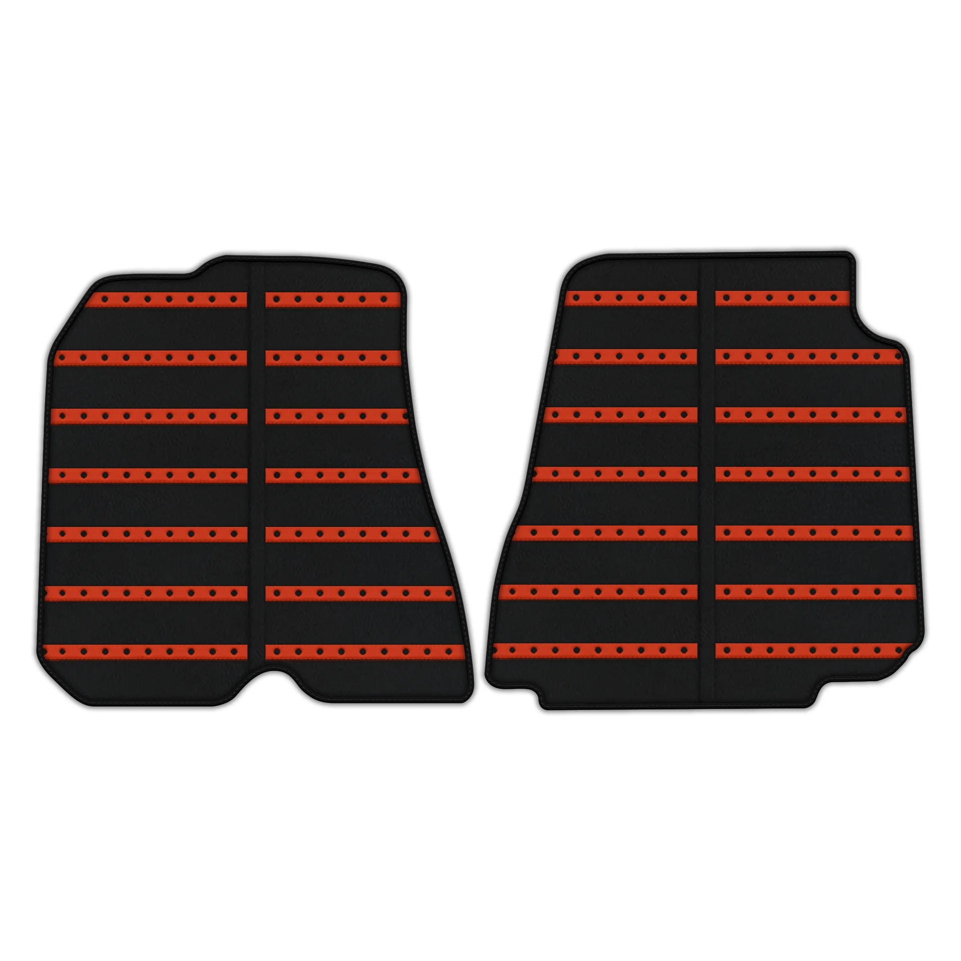 "Custom fit Ferrari F12 Berlinetta floor mats, premium quality with precise fitment, featuring black and red design."