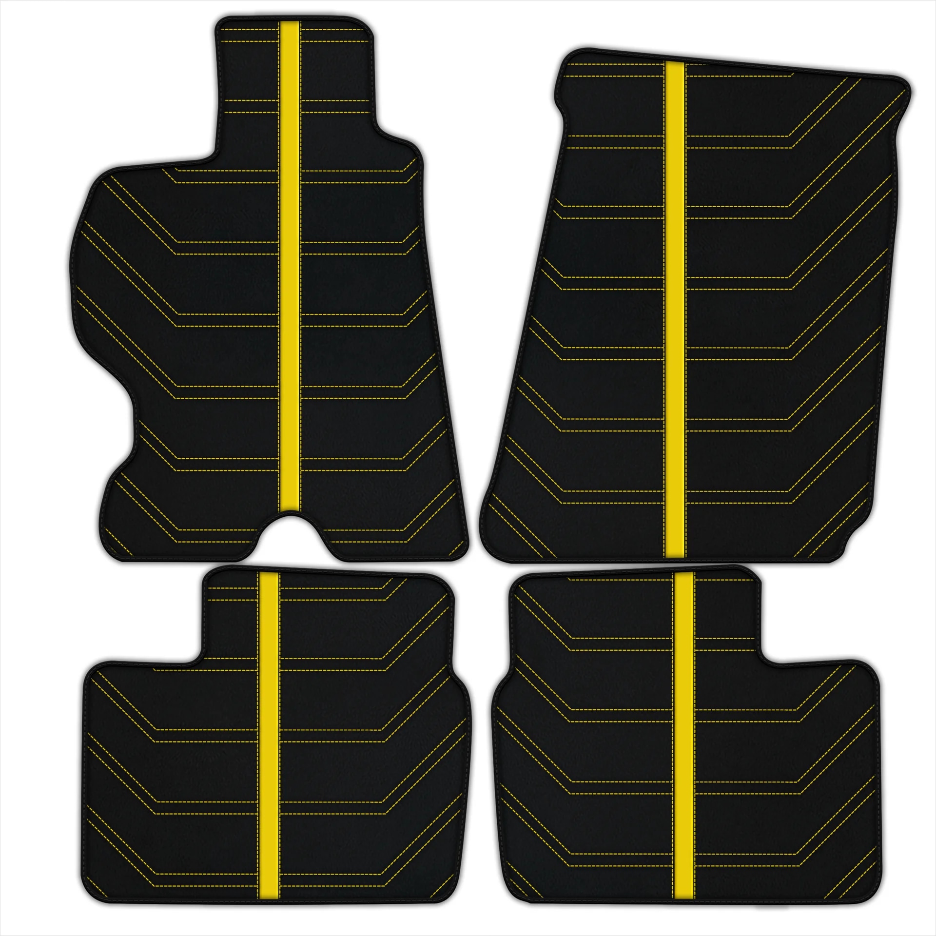 Tapis de sol sur mesure Ferrari FF, qualité premium, ajustement précis, en matériau noir élégant avec coutures jaunes.