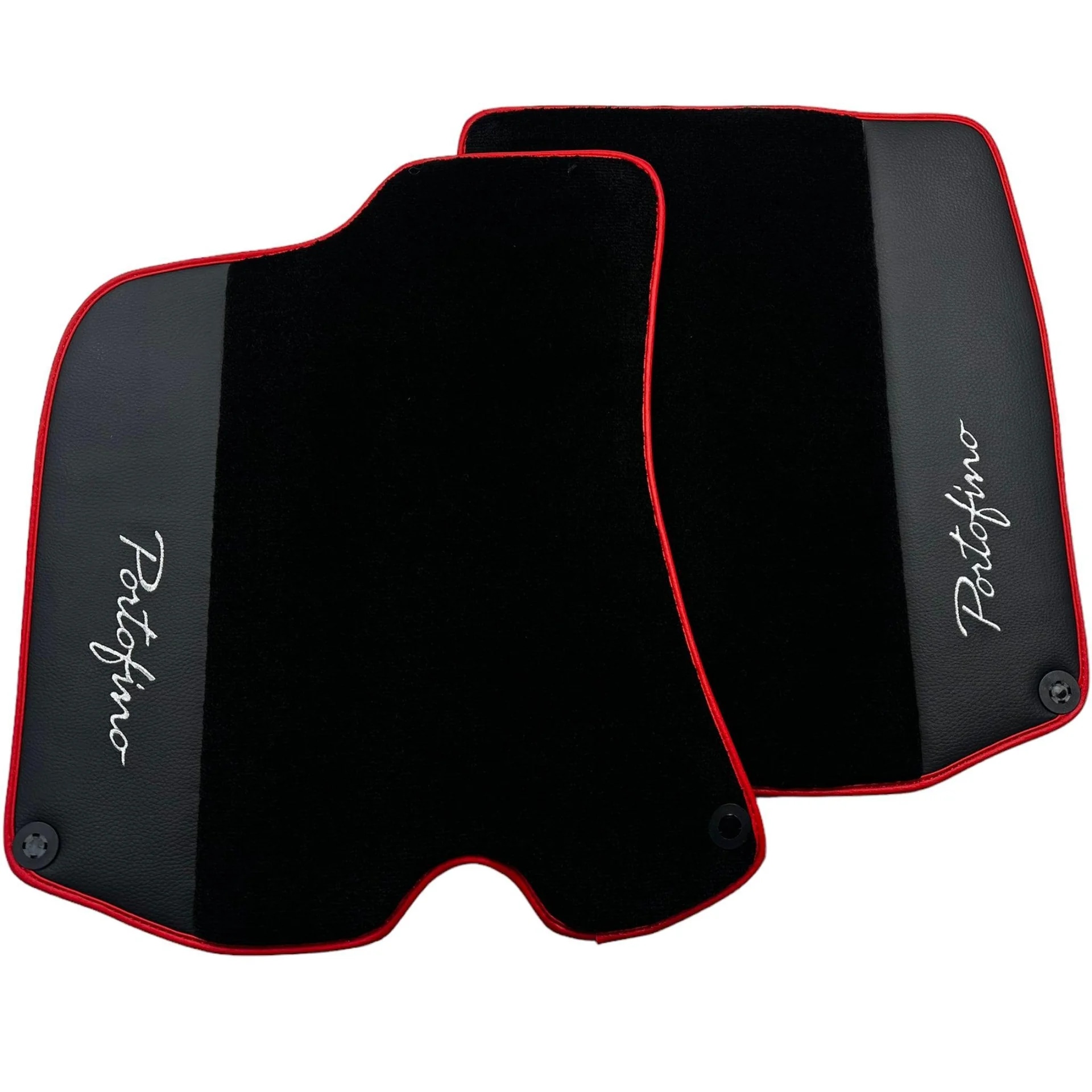 Custom fit Ferrari Portofino floor mats, premium quality with precise fitment and stylish red trim for ultimate protection.