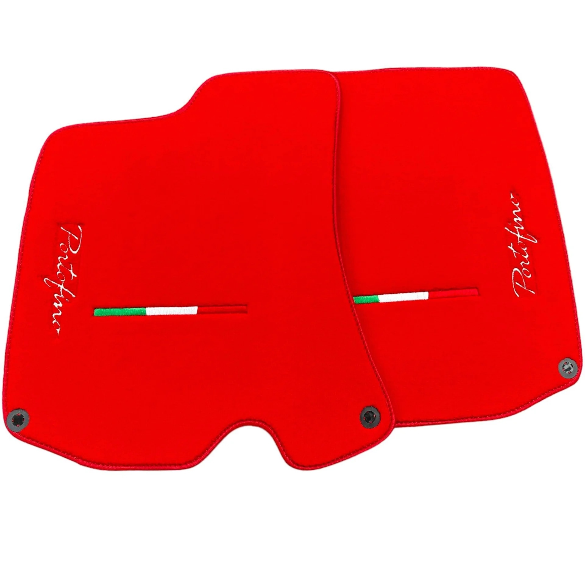 Custom-fit Ferrari Portofino floor mats, premium quality, precise fitment, vibrant red design with Italian flag accents.