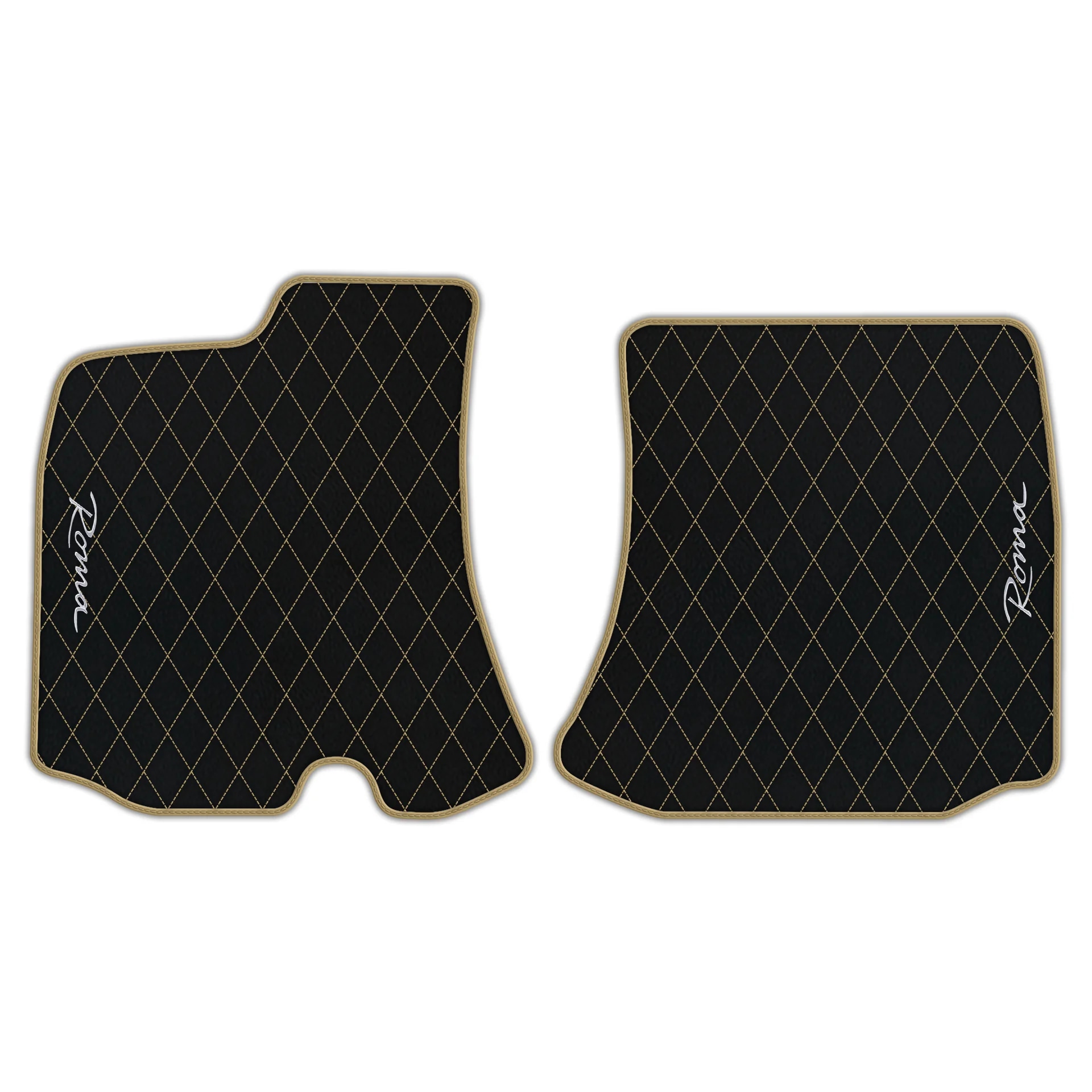 Custom fit Ferrari Roma floor mats, premium quality material, precise fitment, stylish black with gold diamond pattern.