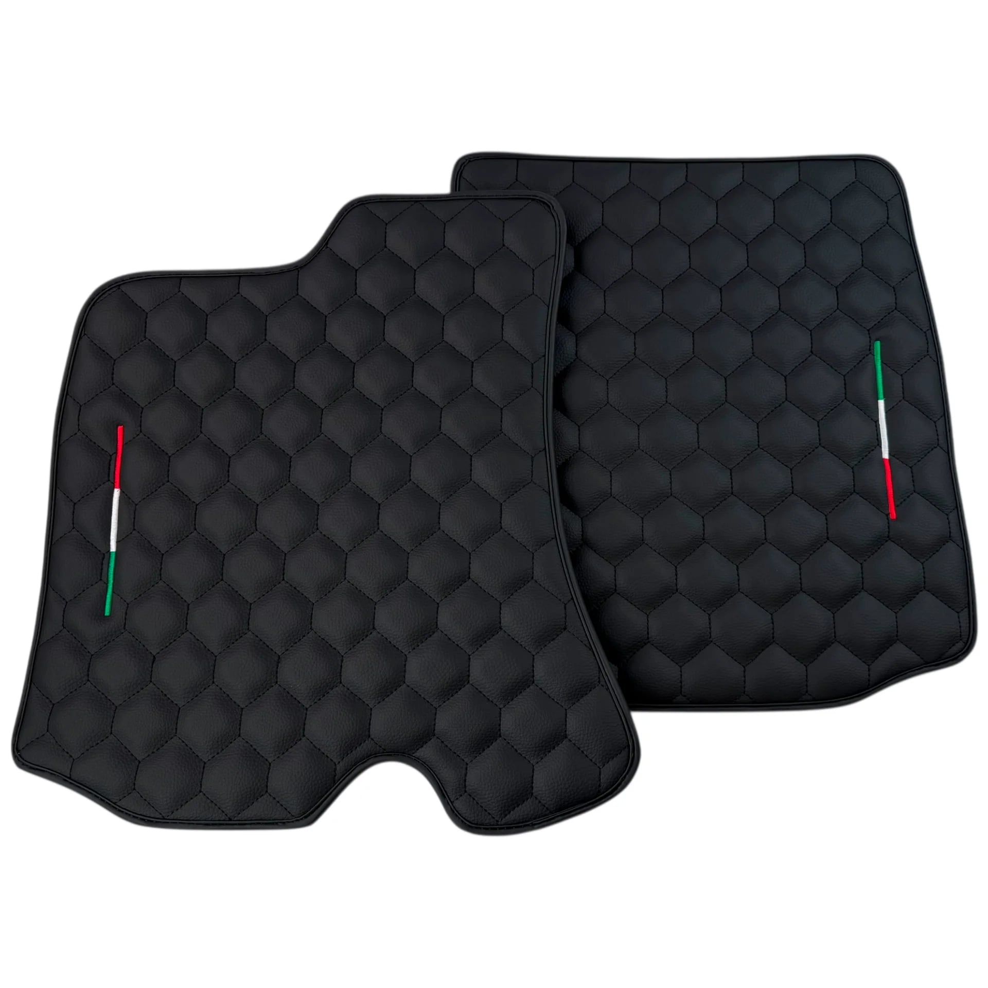 Black Leather Floor Mats with Symmetrical Hex Pattern for Ferrari Roma (2021–2024) with Italian Flag
