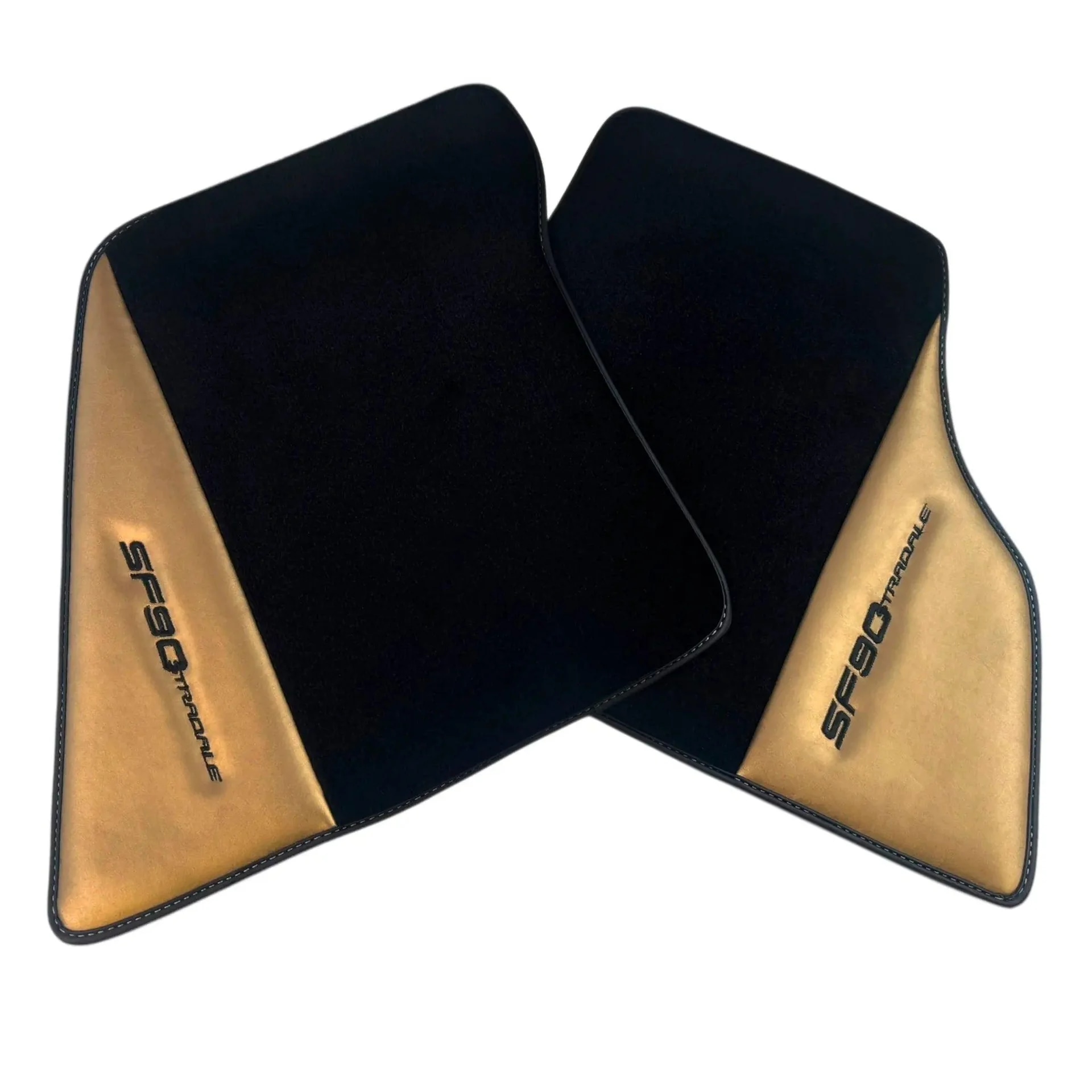 Ferrari SF90 Stradale custom fit floor mats, premium quality with precise fitment and stylish black and gold design.