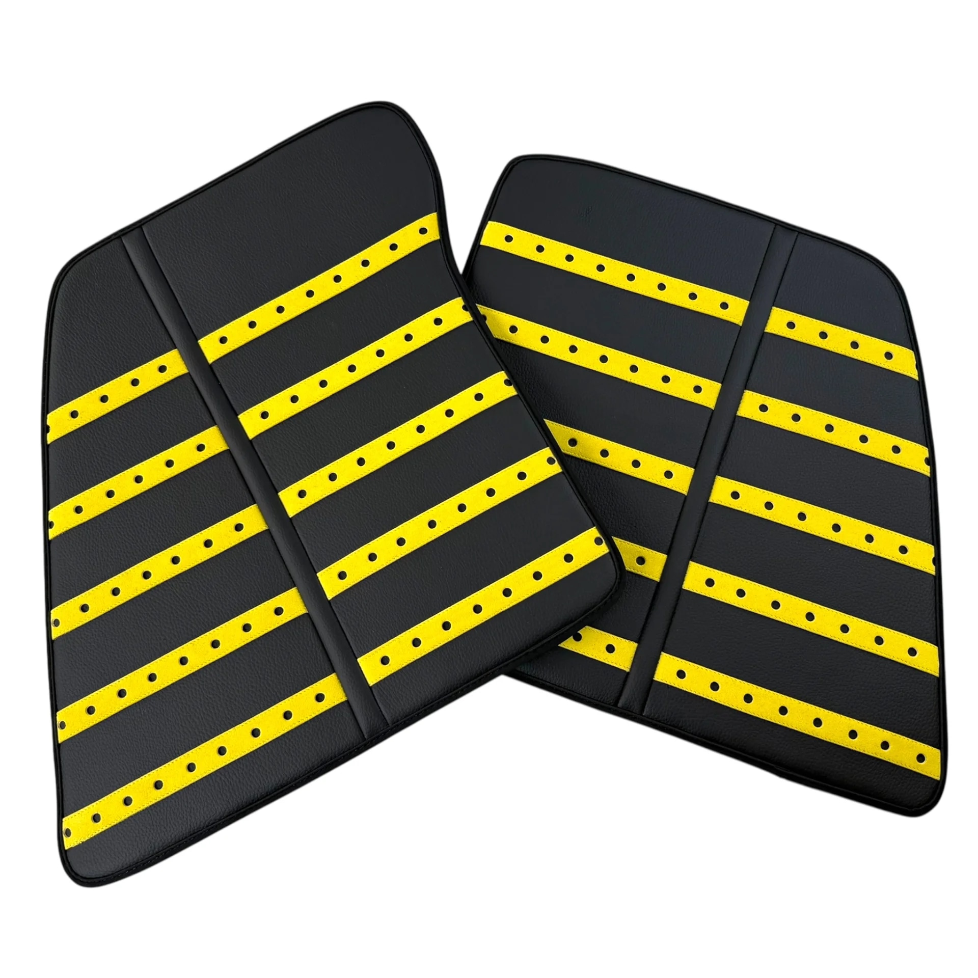 Custom-fit Ferrari SF90 Stradale floor mats, premium quality material, precise fitment, featuring vibrant yellow stripes.